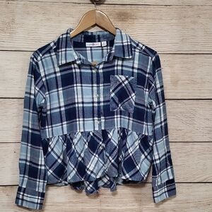 💟 Sugar & Jade Navy and Light Blue Plaid Button Down Peplum Shirt L 12/14